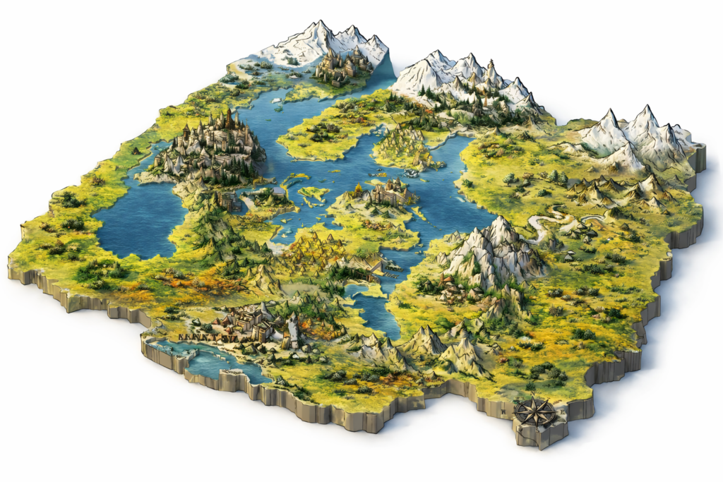 Mapa Wapauty 3D - mapa świata fantasy "Wykute z czasu" z górami, morzami, lasami, miastami